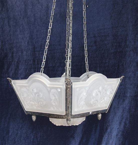 An Art Deco style frosted glass and silvered metal light fitting, width 13.75in.